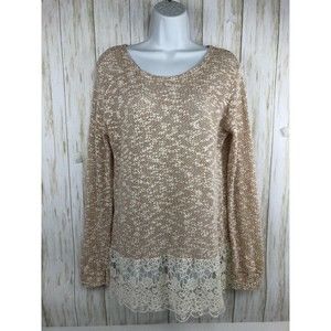 Rui Feng Womens Marled Tunic Sweater Size Medium M Beige Lace Trim